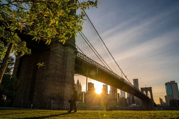 Kouzelný Večerní Pohled Brooklynský Most Brooklynského Parku Výhledem Manhattan Druhé — Stock fotografie