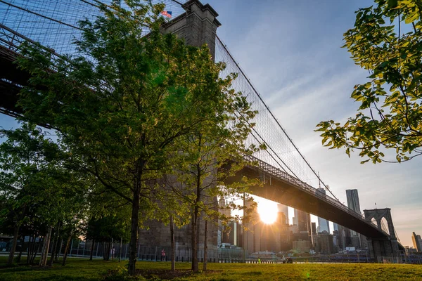 Magical Evening Sunset View Brooklyn Bridge Brooklyn Park Lower Manhattan — Stock Photo, Image