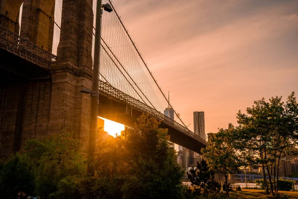 Magische Avond Zonsondergang Close Zicht Brooklyn Brug Vanuit Het Brooklyn — Stockfoto