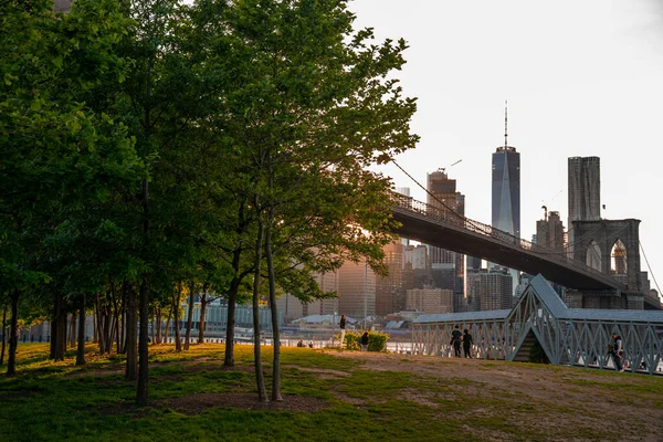 Μαγική Θέα Στο Ηλιοβασίλεμα Της Γέφυρας Του Μπρούκλιν Από Πάρκο — Φωτογραφία Αρχείου