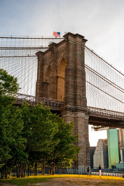 Magische Avond Zonsondergang Close Zicht Brooklyn Brug Vanuit Het Brooklyn — Stockfoto