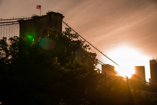 Magische Avond Zonsondergang Close Zicht Brooklyn Brug Vanuit Het Brooklyn — Stockfoto