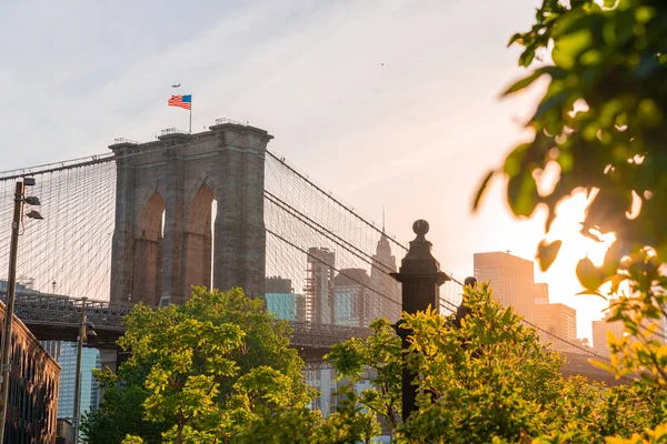 Mágica Vista Atardecer Del Puente Brooklyn Desde Parque Brooklyn Con — Foto de Stock