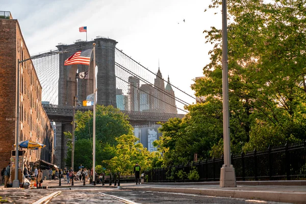 Zavřít Večerní Západ Slunce Pohled Brooklyn Most Brooklyn Parku Nižším — Stock fotografie