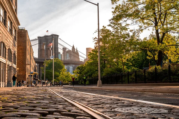 Zavřít Večerní Západ Slunce Pohled Brooklyn Most Brooklyn Parku Nižším — Stock fotografie