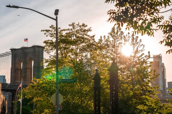 Vista Cercana Atardecer Del Puente Brooklyn Desde Parque Brooklyn Con — Foto de Stock