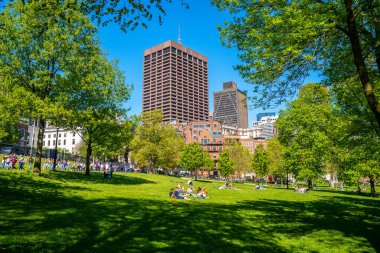 Boston, ABD. 25 Mayıs 2019. Boston North End Park 'ta güneşlenen ve Massachusetts ABD' de ufuk çizgisi olan güzel bir park.
