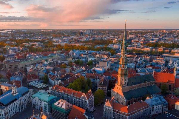 Veduta Aerea Del Centro Storico Riga Durante Magico Tramonto Lettonia — Foto Stock