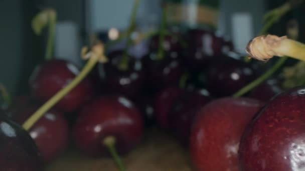 Fresh Ripe Cherries Close Sliding Berries Macro Cherry View — Stock Video