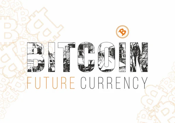 Plantilla de banner Bitcoin moneda digital. Letras dibujadas a mano Bitcoin moneda futura — Vector de stock