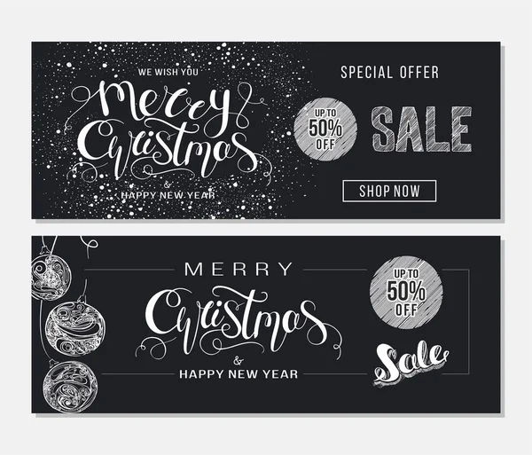 Feliz Navidad venta de publicidad. Plantilla de banner con letras dibujadas a mano y elementos de diseño — Archivo Imágenes Vectoriales
