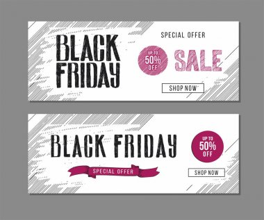 Siyah Cuma satış reklam. Elle çizilmiş yazı ve tasarım öğeleri ile banner şablon