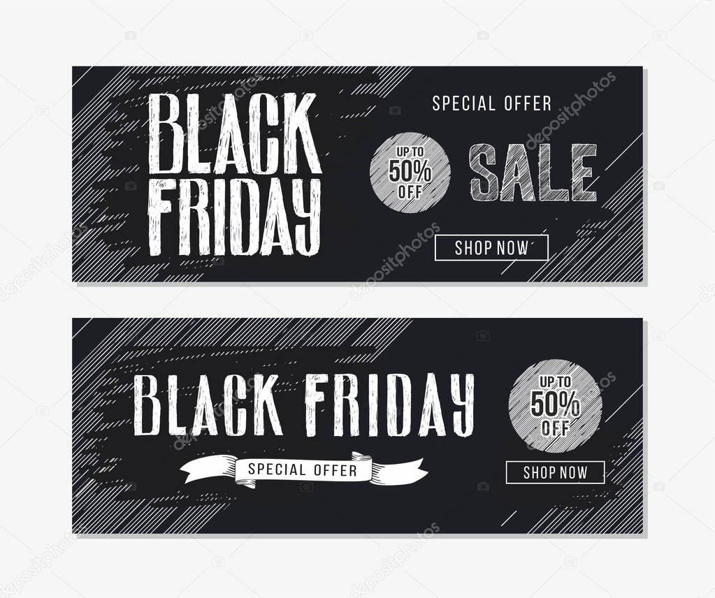 Black Friday sale advertising. Banner template with hand drawn lettering  and design elements