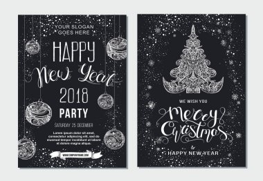 Neşeli Noel ve mutlu yeni yıl afişini parti. Poster şablonu elle çizilmiş yazı ve tasarım öğeleri ile