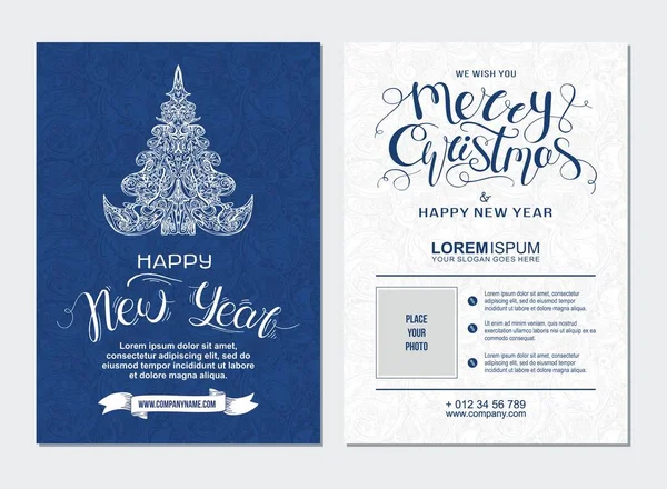 Prettige kerstdagen en gelukkig Nieuwjaar partij plakkaat. Poster sjabloon met hand getrokken belettering en ontwerpelementen — Stockvector