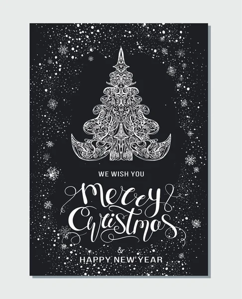 Prettige kerstdagen en gelukkig Nieuwjaar partij plakkaat. Poster sjabloon met hand getrokken belettering en ontwerpelementen — Stockvector