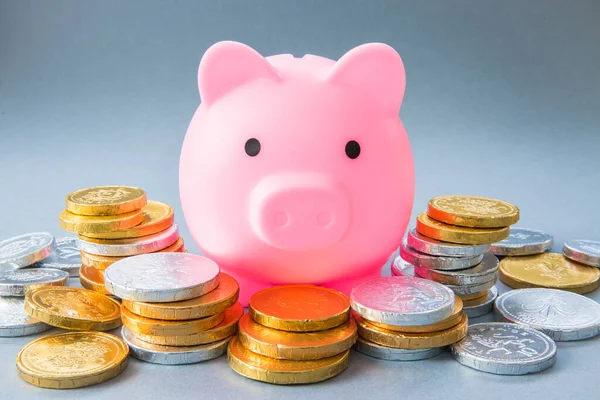 Koncepció Egy Nagy Rózsaszín Malacpersely Körülvett Készpénz Érmék Pénz Képviselő — Stock Fotó