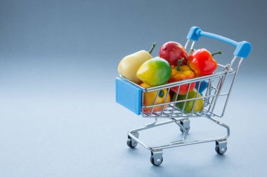 Bir süpermarketten alınmış meyve ve sebze gibi taze ve organik yiyeceklerle dolu bir alışveriş arabası veya alışveriş arabasının perakende konsepti fotokopi alanı ile sağlıklı beslenmeyi temsil ediyor.