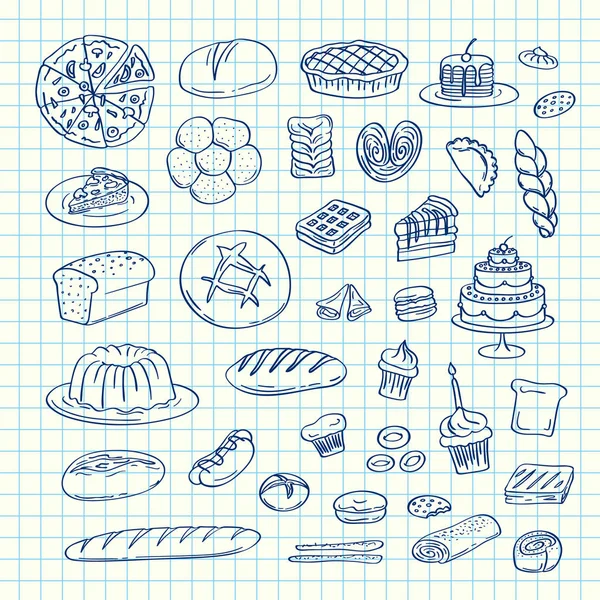 Conjunto vetorial de elementos de padaria de doodle desenhados à mão na ilustração da folha de célula azul — Vetor de Stock