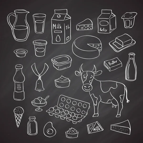 黒い黒板の図に分離された手描き酪農要素のベクトルを設定 — ストックベクタ