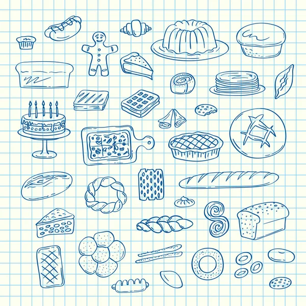 Set vettoriale di elementi da forno scarabocchiati disegnati a mano su illustrazione del foglio di cella blu — Vettoriale Stock