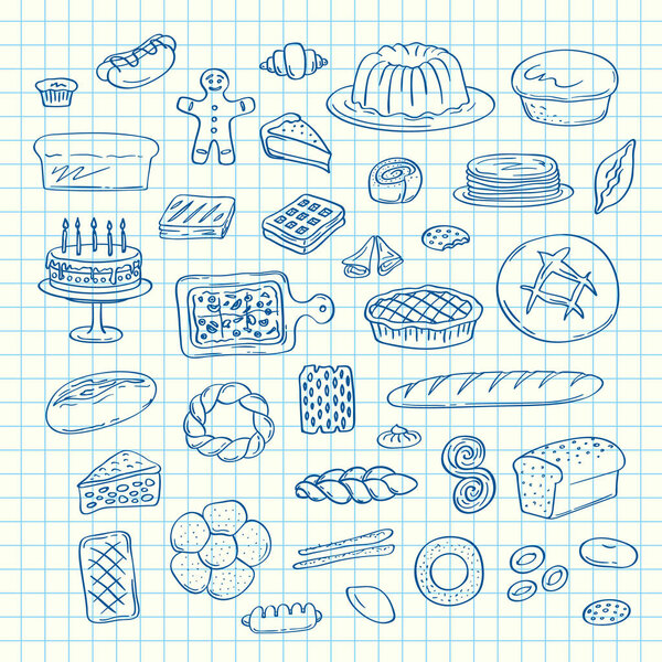 Vector set of hand drawn doodle bakery elements on blue cell sheet illustration