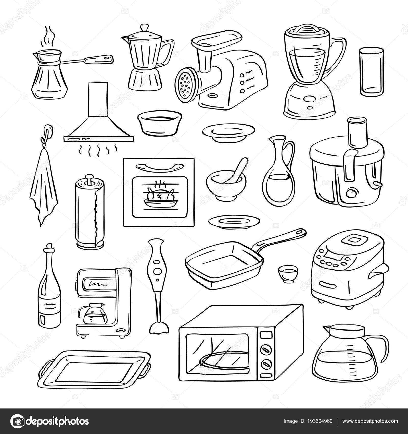 Kitchen tools and appliances. Cute illustration with isolated cooking  objects in vector format. Kitchen utensils collection. Stock Vector