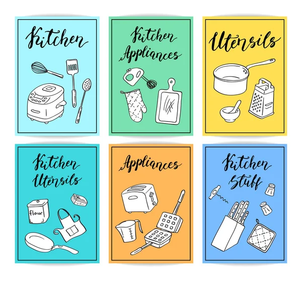 Utensili da cucina vettoriale doodle icone modello di carta impostato con scritte carino illustrazione — Vettoriale Stock