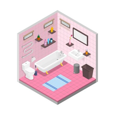 Vektör banyo izometrik tasarım iç şablonu. Karo halı küvet tuvalet kase çöp tenekesi windows cilt bakımı kozmetik çizim ile Oda
