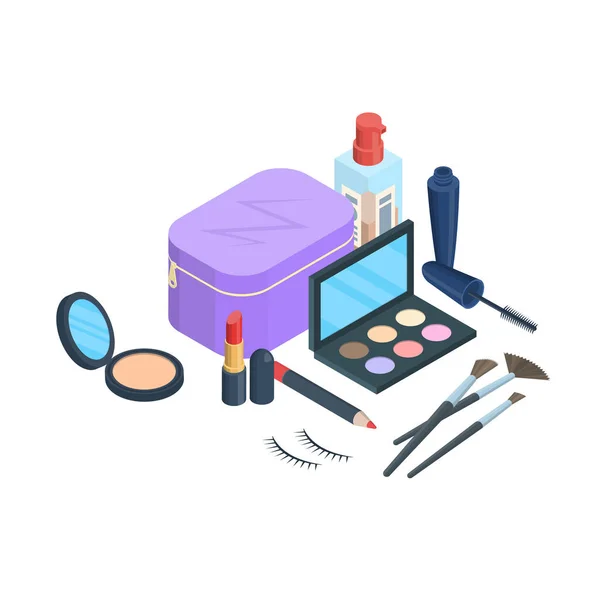 Vector makeup isometric objects illustration. Cosmetics bag, eyeshadow palette, lipstick, mascara, foundation and makeup brushes illustration