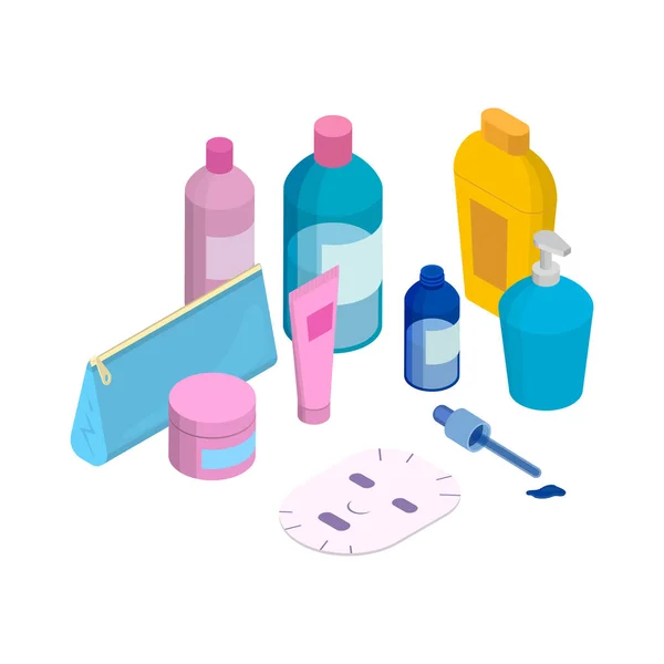 Διάνυσμα skincare και μπάνιο ισομετρικά αντικείμενα. Συσκευασία σαμπουάν, υγρό σαπούνι, κρέμα προσώπου, τσάντα και μάσκα φύλλων σε ισομετρική τρισδιάστατη απεικόνιση διάστασης — Διανυσματικό Αρχείο