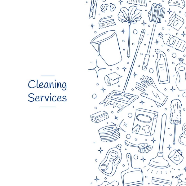 Vector lindo limpieza dibujado a mano doodle elementos de fondo con lugar para el texto. Cubo, cepillo, plato, guantes, detergentes objetos del hogar ilustración — Vector de stock