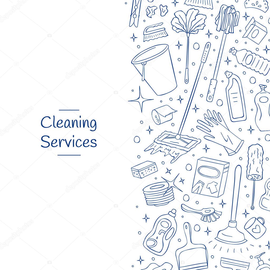 Vector cute cleaning hand drawn doodle elements background with place for text. Bucket, brush, dish, gloves, detergents household objects illustration