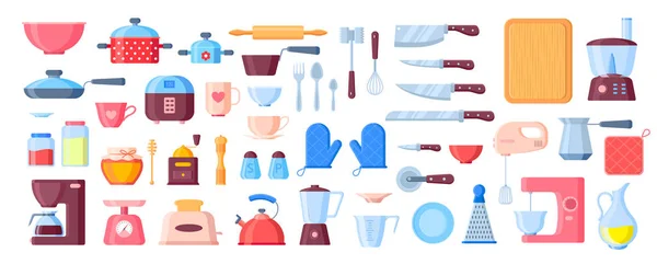 Vector kitchen utensils flat elements set. Kitchenware cooking objects with shadows and reflections icons. Frying pan, knives, plates, kettle isolated — Stock Vector