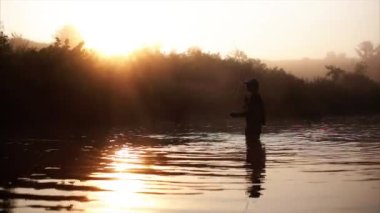 Balıkçı sineği balık sabah nehir sisin içinde gider