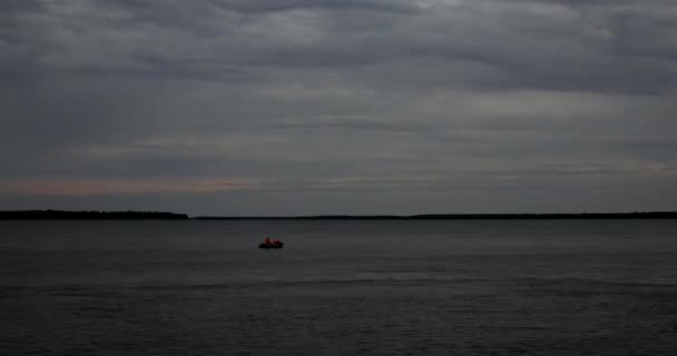 Timelapse wide Rusian river - Volga. Morning. Fisherman boats, cargo ship. — Stock Video