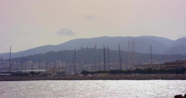 Porto com veleiros e o antigo Castelo de Bellver ao fundo em Palma de Maiorca, Espanha — Vídeo de Stock