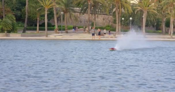 Modelo controlado por rádio de um barco torpedeiro a motor em um lago de barco. Palpa de Maiorca, Espanha. Tiro em 4k — Vídeo de Stock