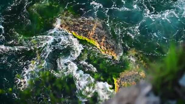 Okyanus dalgalarının en üst görüntüsü, köpük ve sprey ile vahşi kayalara çarpıyor.. — Stok video