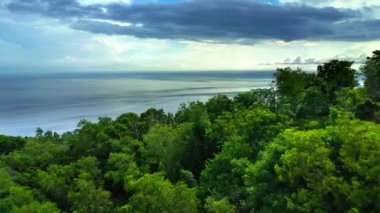 Yeşil dağların ve okyanus manzarasının üstündeki hava manzarası. Bali, Endonezya.