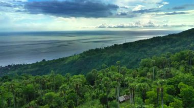 Arka planda büyük bir vadi ve bir ocaen olan dağdaki küçük bir köyün havadan görünüşü. Bali, Endonezya.
