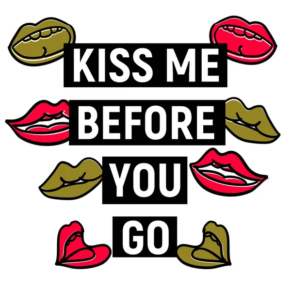 赤い唇とスタンプの文字列幸せなバレンタインの日のポスターは出かける前に私にキスします。 — ストックベクタ