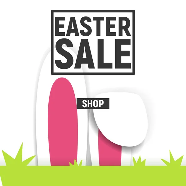 Happy Easter poster  square frame sale with grass  and ears of rabbit — Stock Vector