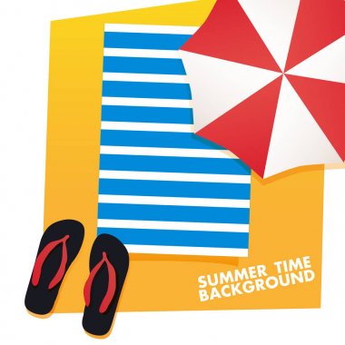 Yaz saati poster şablonu şemsiye, kum plaj havlusu ile