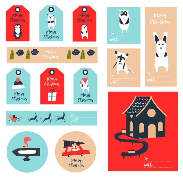 圣诞节标签，明信片，手工绘制的样式。矢量图。企鹅、 帽子、 狐狸、 礼品、 猫、 猫头鹰、 兔子、 汽车、 狗 — 图库矢量图片