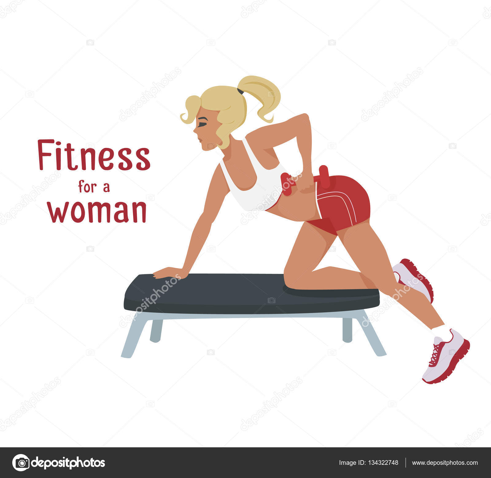 Vector Girl Makes Arm Shoulder Exercises With Dumbbells On Bench