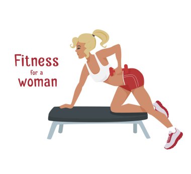 Vektör kız kol, omuz egzersizleri bankta dumbbells ile yapar