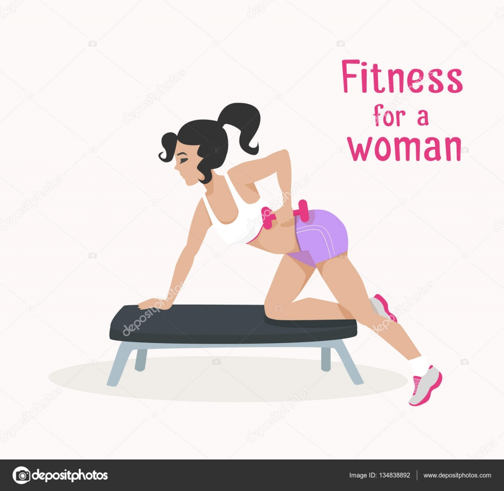 Vector Girl Makes Arm Shoulder Exercises With Dumbbells On Bench
