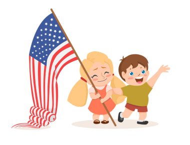 Bize 4 Temmuz Bağımsızlık günü yazı, bayrak tutan çocuk vektör