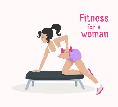 Vektör kız kol, omuz egzersizleri bankta dumbbells ile yapar